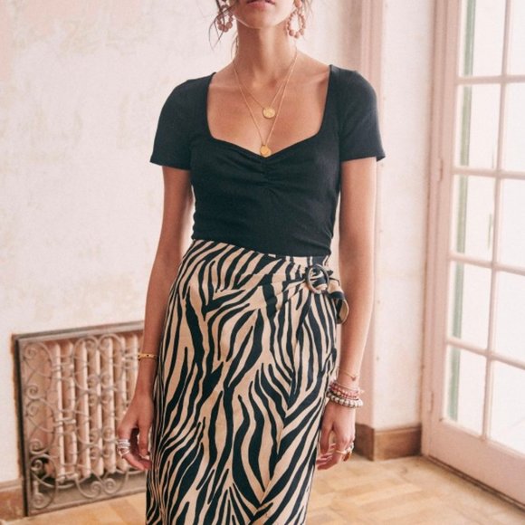 Sezane Black and Tan Zebra Print Midi Skirt - Picture 1 of 9